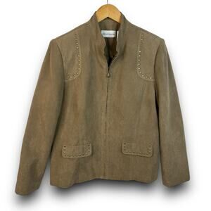 Alfred Dunner Lightweight Faux Suede Jacket Studded Zipper Front Tan Size 10